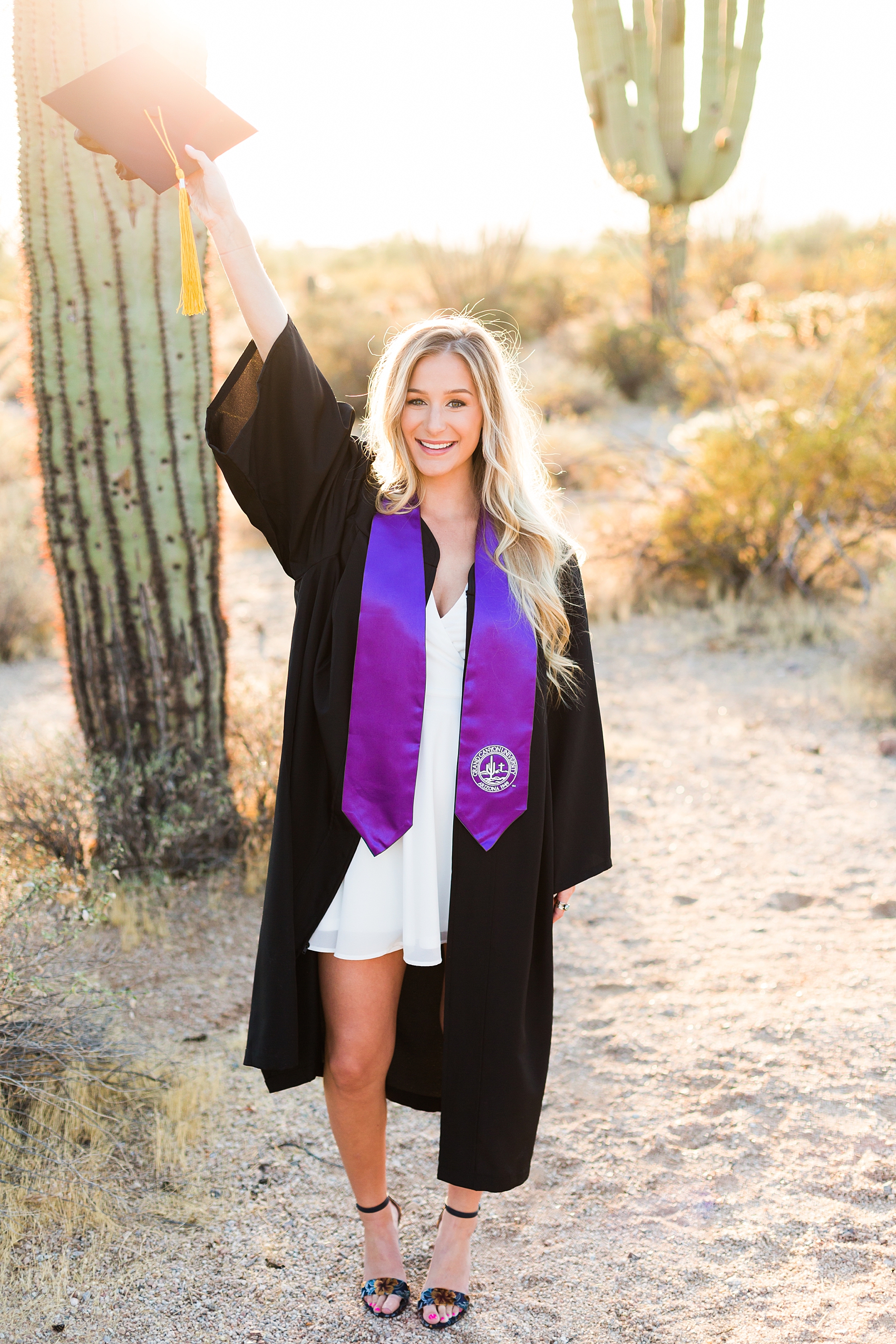 Leah Hope Photography | Scottsdale Phoenix Arizona | Desert Landscape Cactus Saguaro Scenery | Sunset Golden Hour Light | College Senior Pictures | Graduation Photos | Cap and Gown | What to Wear | Senior Girl | Senior Poses