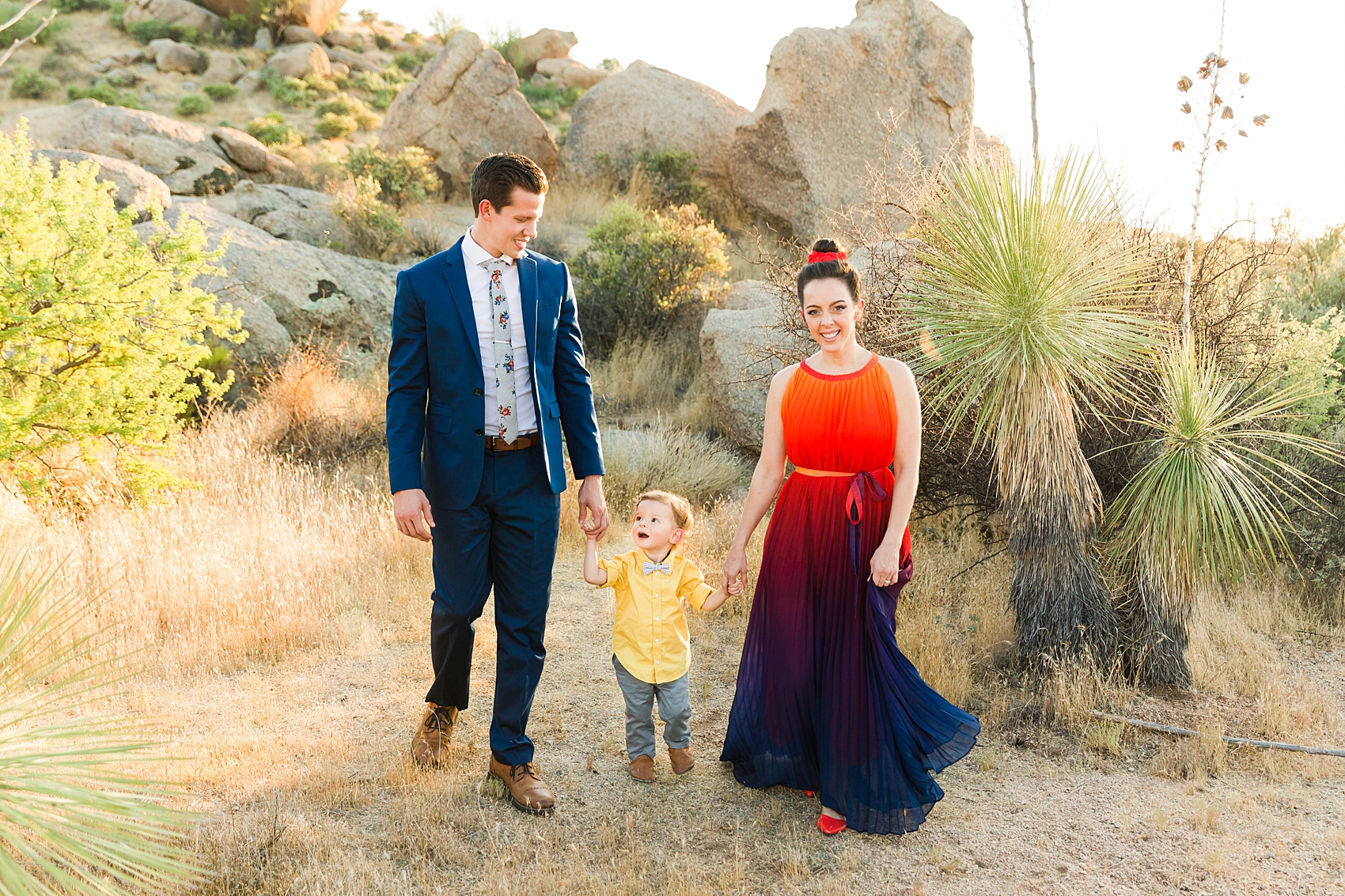 Leah Hope Photography | Scottsdale Phoenix Arizona Family Photos | Desert Landscape Cactus Scenery Boulders | Family Pictures | What to Wear | Family Posing Poses | Scottsdale Photographer | Family Child Photographer | Outfits and Styling | Sunset Colors Bold Dress