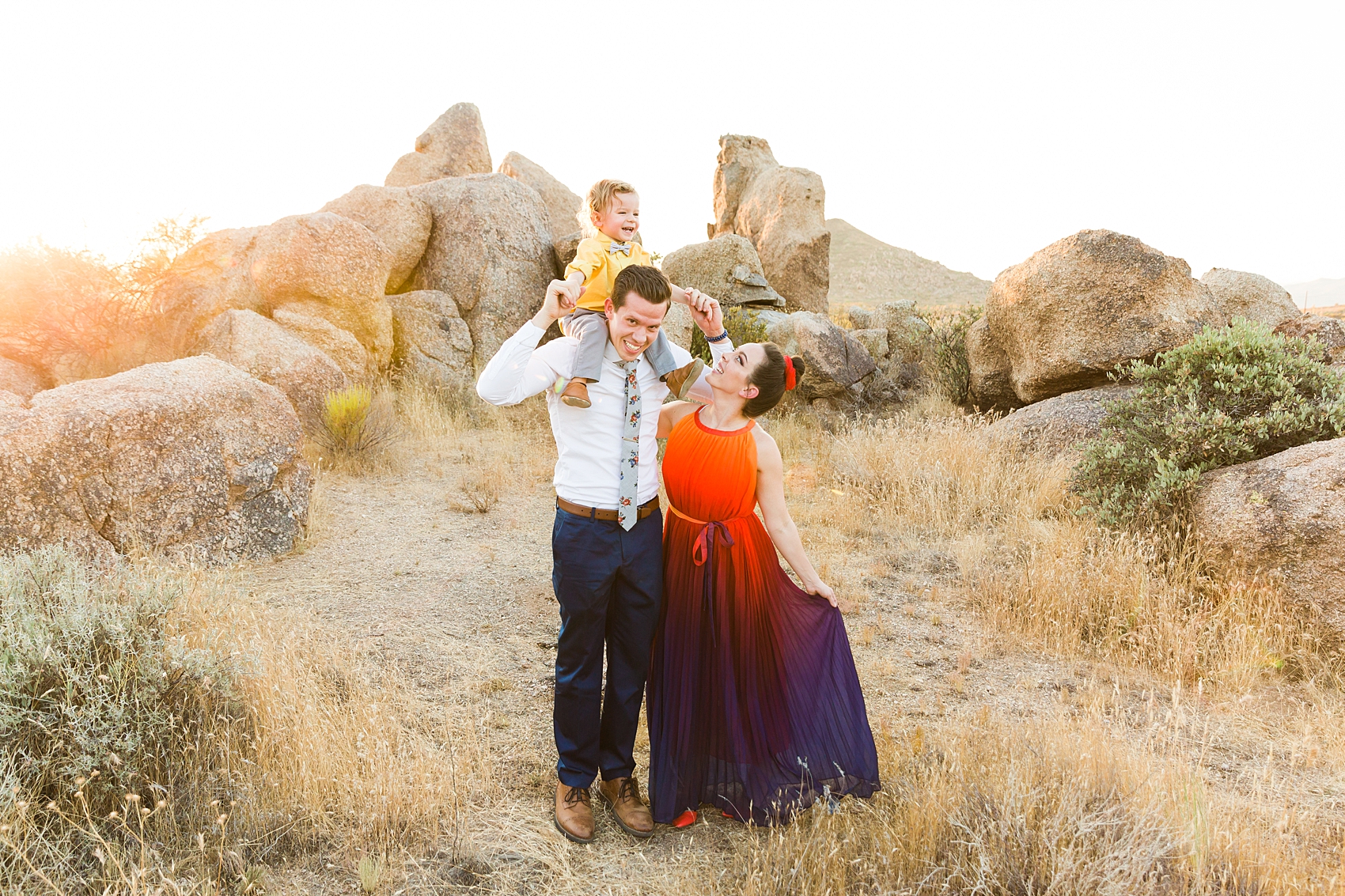 Leah Hope Photography | Scottsdale Phoenix Arizona Family Photos | Desert Landscape Cactus Scenery Boulders | Family Pictures | What to Wear | Family Posing Poses | Scottsdale Photographer | Family Child Photographer | Outfits and Styling | Sunset Colors Bold Dress
