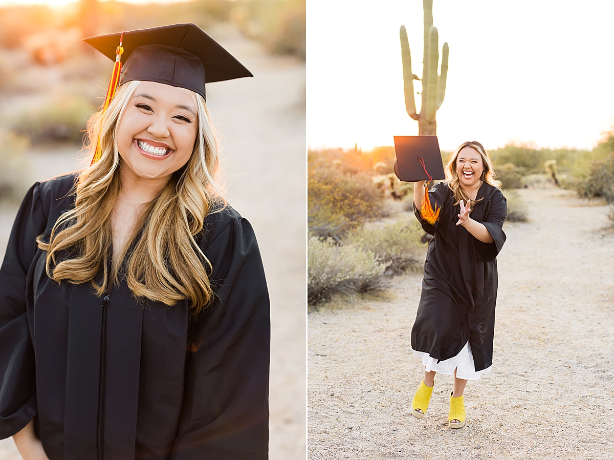 Leah Hope Photography | Scottsdale Arizona Senior Photographer | Phoenix Arizona High School Senior Pictures | Natural Light Photography | What to Wear | Senior Girl Poses and Posing Ideas | Senior Photo Shoot Outfit Inspiration | Outfits and Styling Fashion Ideas | Cactus Desert Scenery | Golden Hour Sunset Light | Cap and Gown | Graduation Pictures